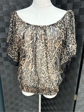 Sugar 17 Sheer Leopard Print Dolman Blouse Black Lace Trim Y2K